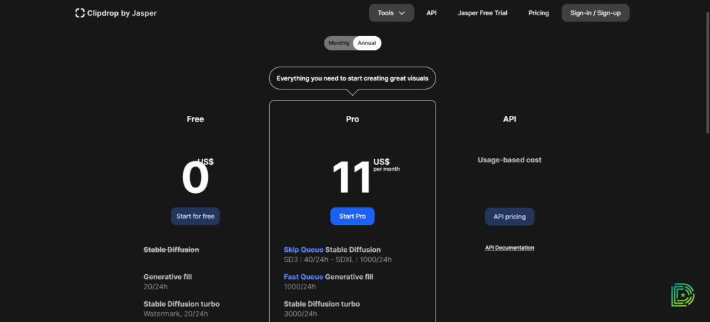 Pricing table in Clipdrop website